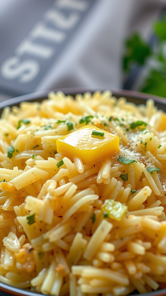 A bowl of flavorful garlic butter Spanish rice garnished with parsley
