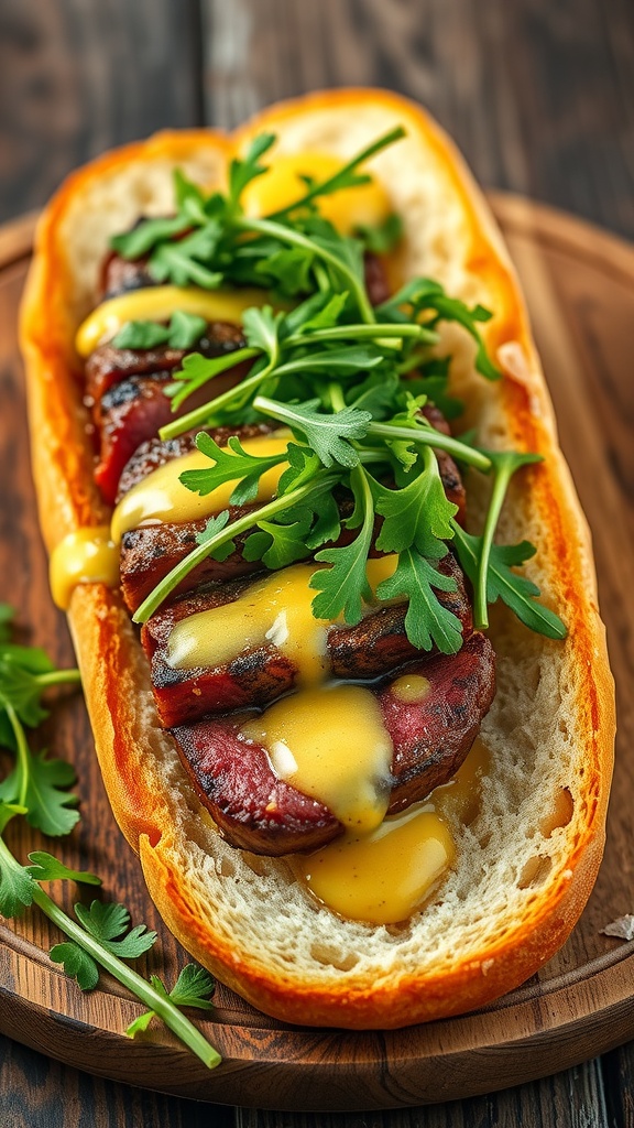 A delicious garlic butter steak sandwich with greens on a toasted hoagie roll.
