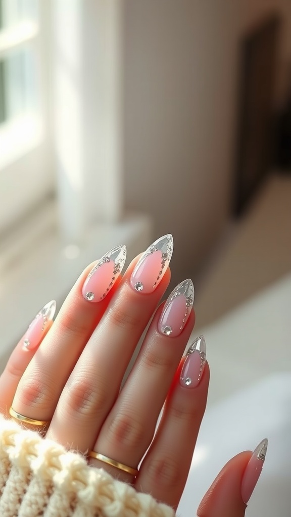 Close-up of short almond nails with a gradient effect and gemstone accents.