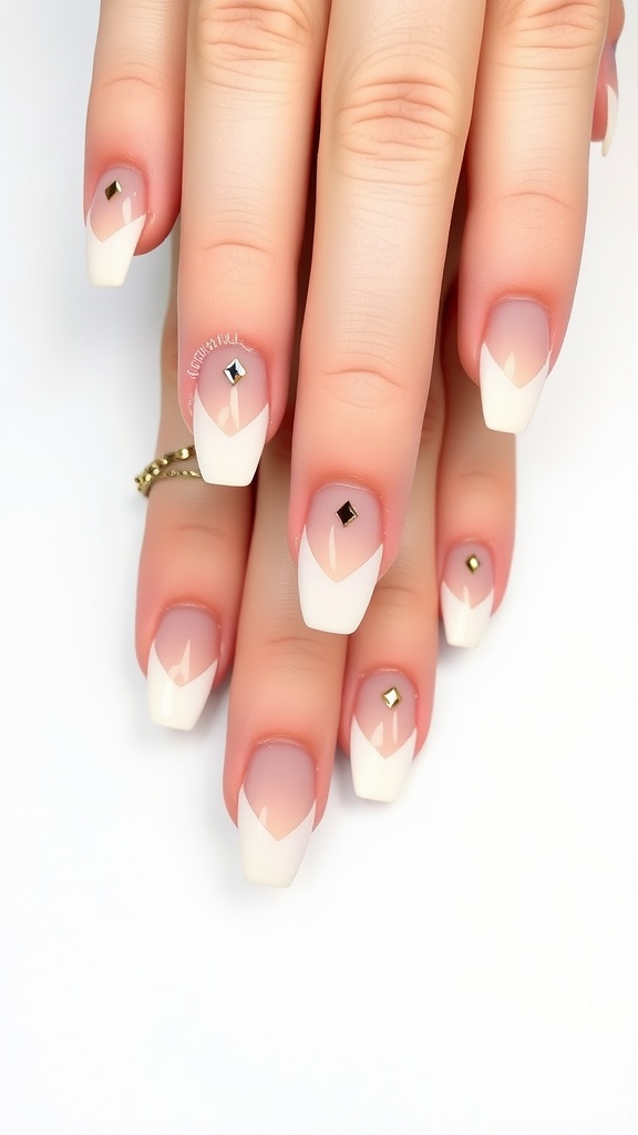 Geometric almond French tip nails with white tips and black embellishments