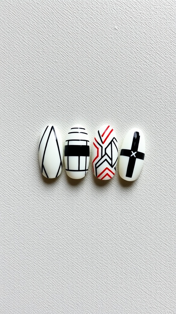 A collection of four almond-shaped nails featuring geometric designs in black and red on a white background.