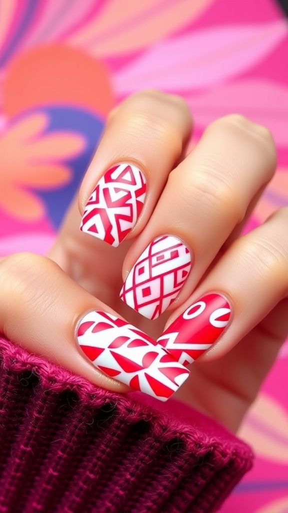 Image of geometric cherry nail designs featuring red and white patterns.