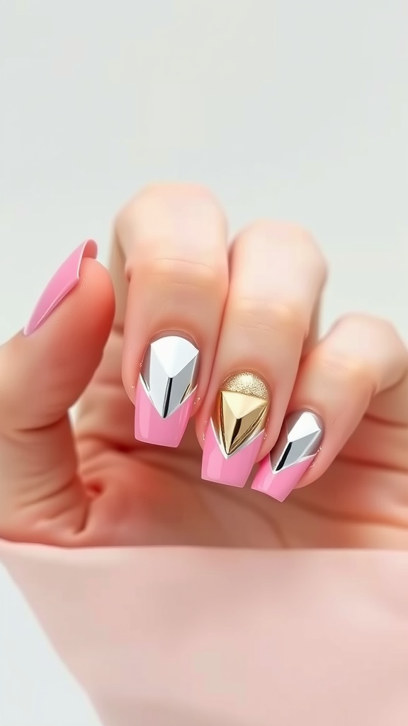 Close-up view of nails featuring pink French tips and geometric chrome designs