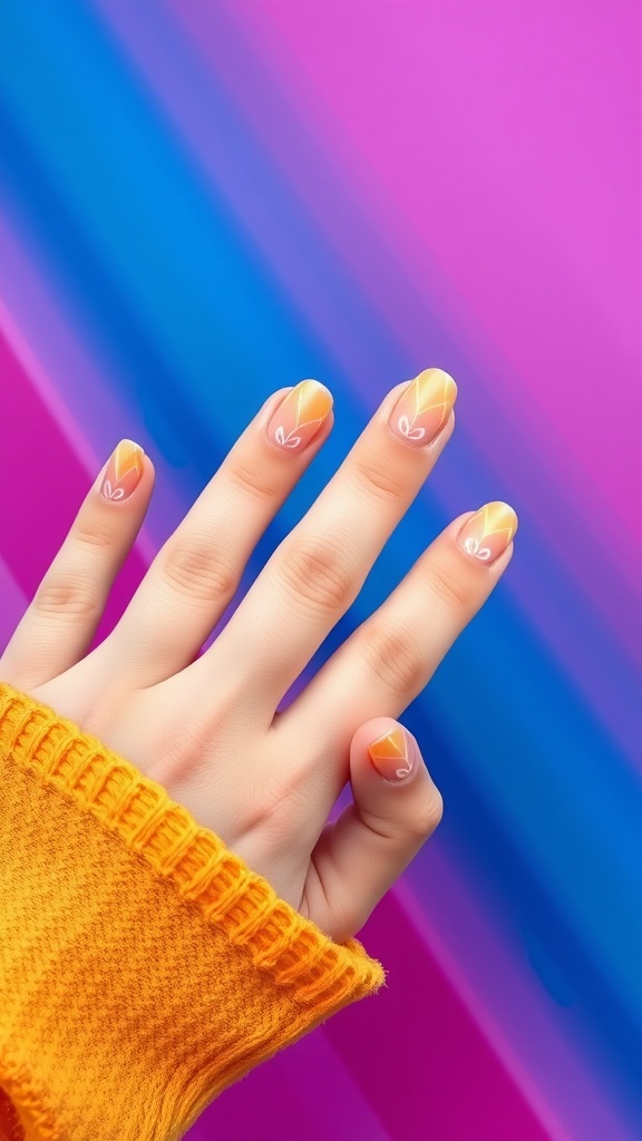 Almond shaped nails with geometric designs in yellow and white, laid against a colorful background