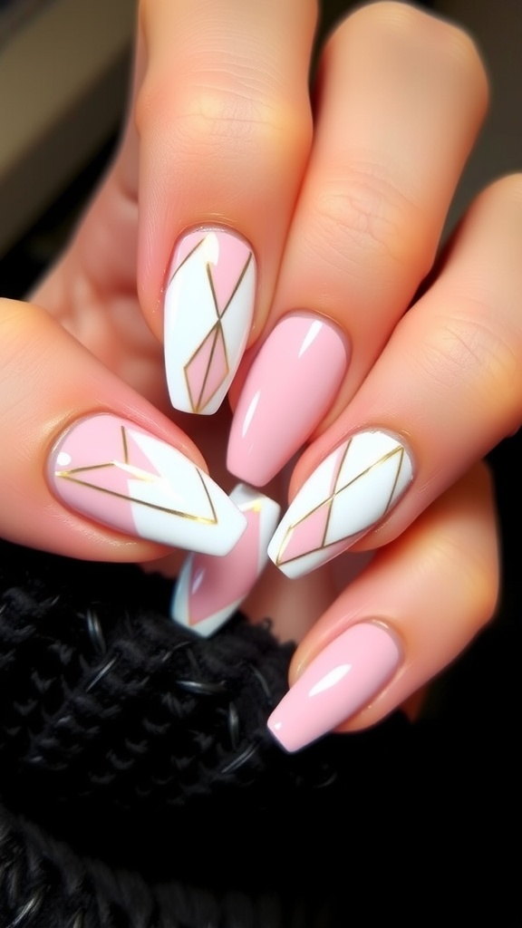 Nude pink chrome nails featuring geometric designs with white and gold accents.