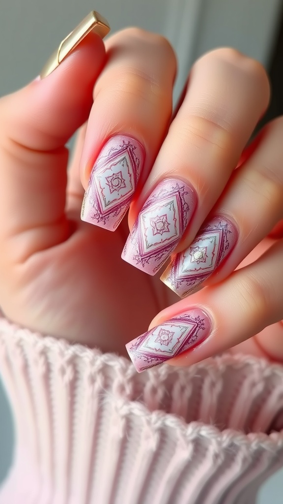 Pink chrome nails featuring geometric designs and patterns.