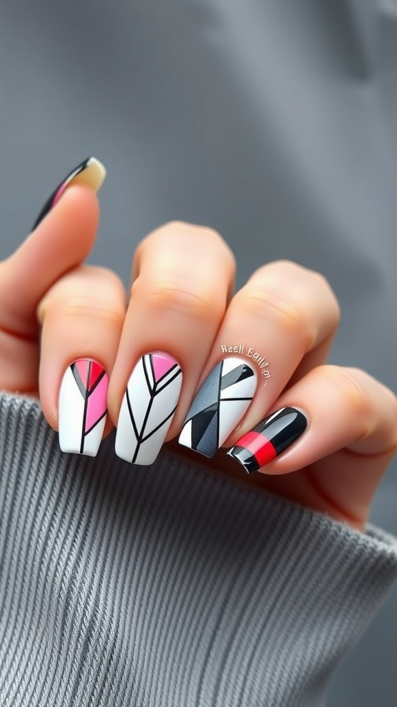 Geometric French nail art featuring colorful patterns on nails