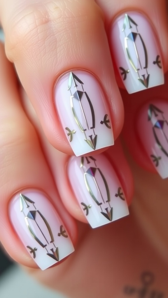 Short French nails with geometric patterns and metallic accents