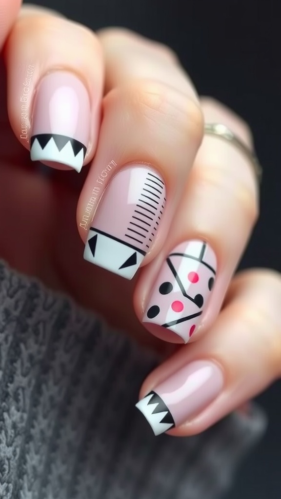 Nails with geometric French tip design featuring pink base and black accents.