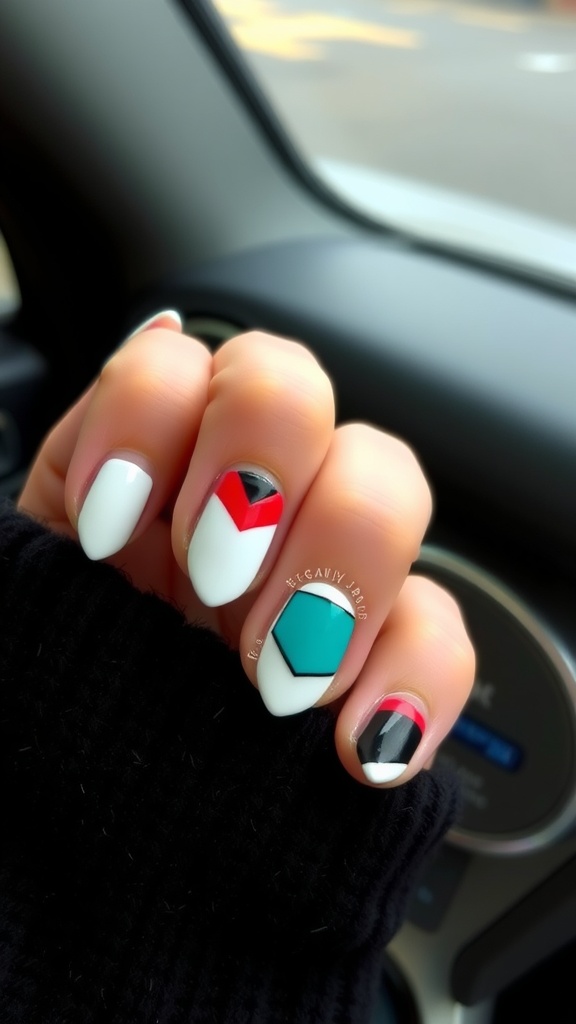 A close up of short nails with geometric nail art featuring various shapes and colors.