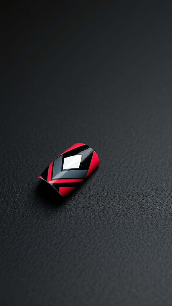 Close-up of a nail design featuring a geometric pattern with red, black, and gray colors.