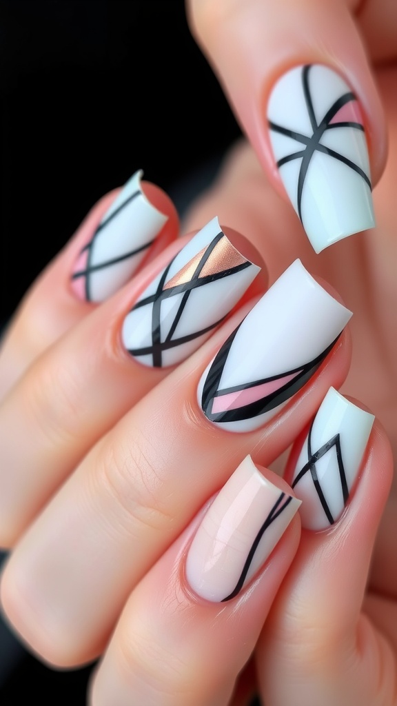 Trendy geometric nail art pattern featuring white, black, and pink colors.