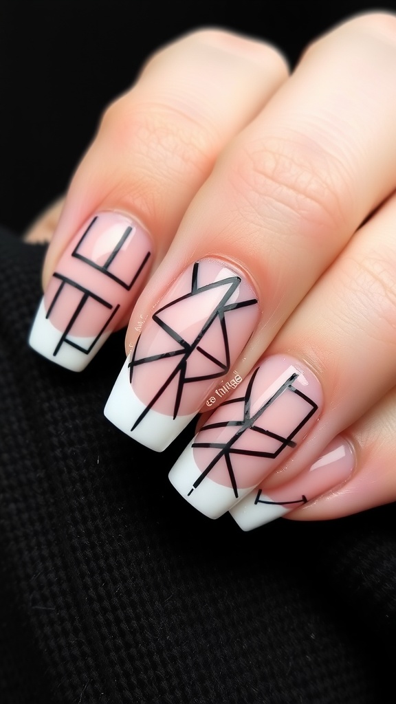 Geometric patterned French tip acrylic nails with black lines over a pink base