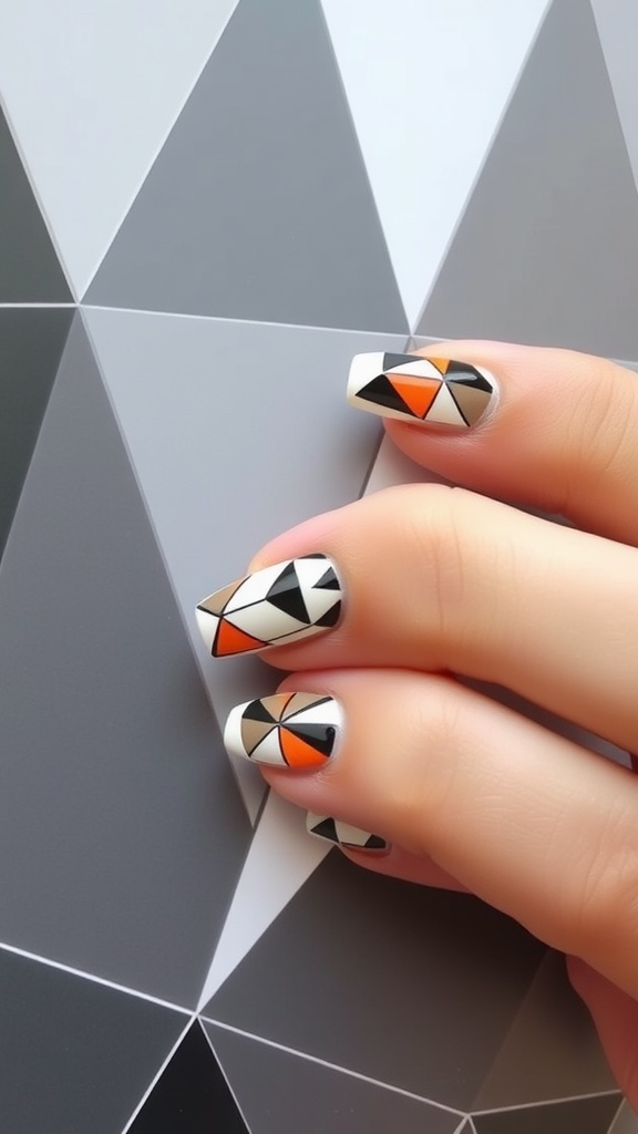 Close-up of hands with geometric patterned French tip nails, featuring black, white, and orange colors.