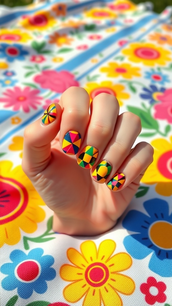 Colorful geometric patterned nails on a hand against a bright floral background.