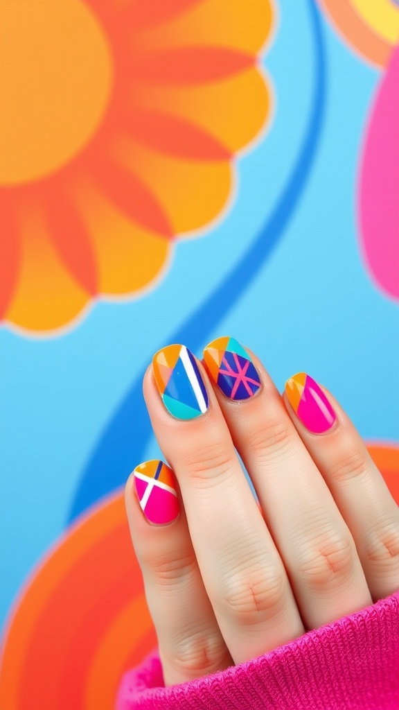 Colorful geometric pattern nail art on short summer nails