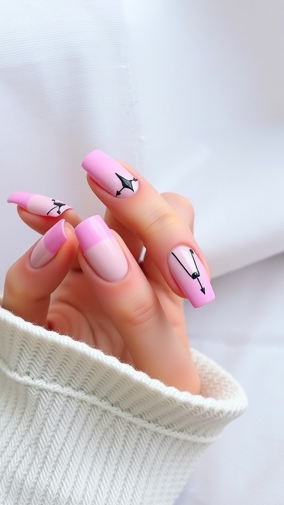 Pink French tip nails with geometric patterns