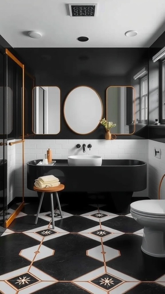 A modern bathroom featuring a black floor with geometric patterns, black walls, and stylish fixtures.