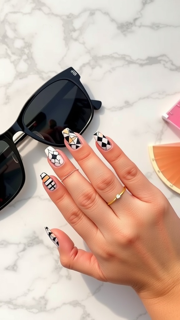 A hand with geometric patterned nails in black and white, resting on a marble surface with sunglasses and other accessories.