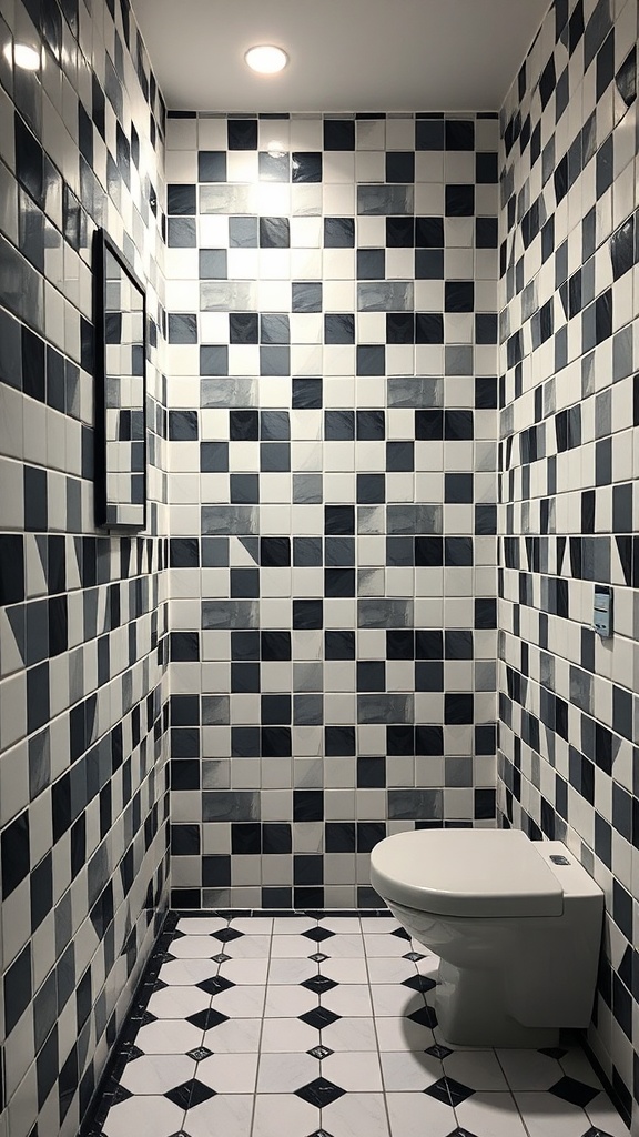 Black and white bathroom with geometric patterned tiles on walls and floor.
