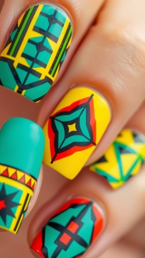 Colorful geometric nail art with patterns in green, yellow, and red.