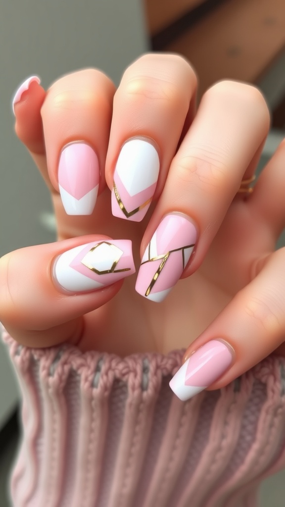 Nails painted in baby pink with geometric patterns and gold accents.