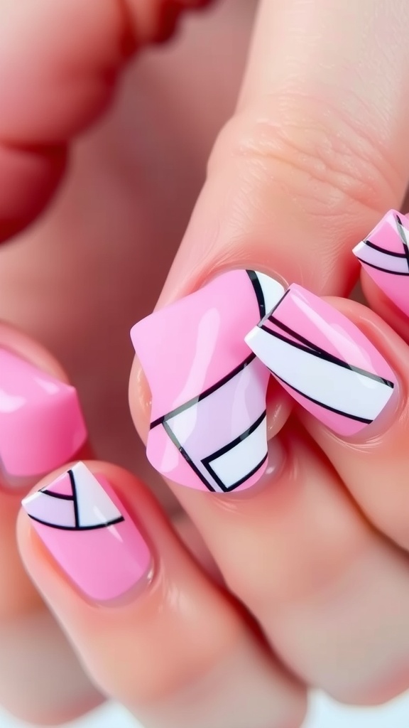 Close-up of pink acrylic nails featuring geometric patterns and black lines