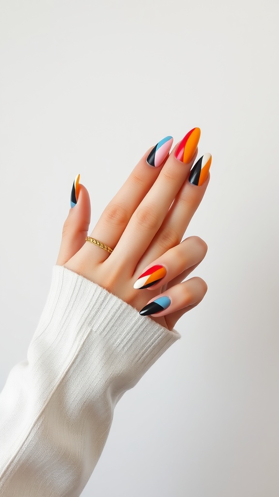 A hand with almond-shaped nails featuring colorful geometric patterns.