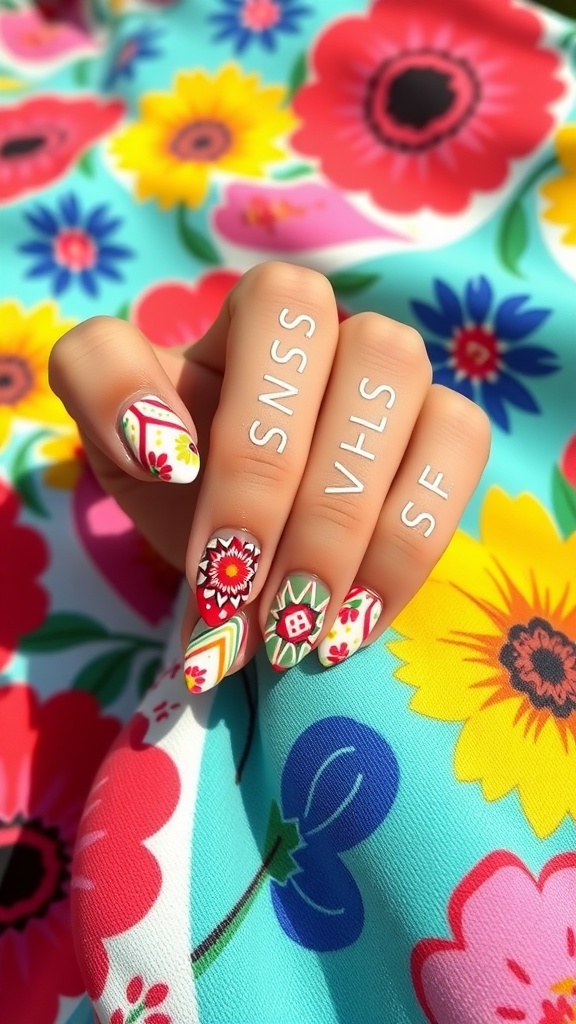 Close-up of almond nails with geometric patterns in vibrant colors against a colorful floral background
