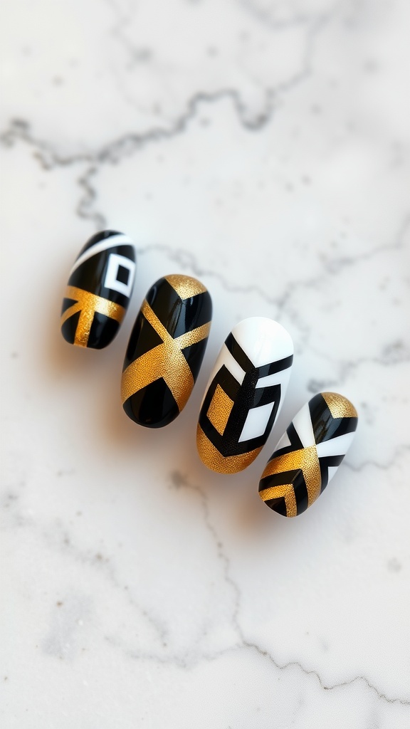 Almond nails featuring geometric patterns in black, white, and gold.
