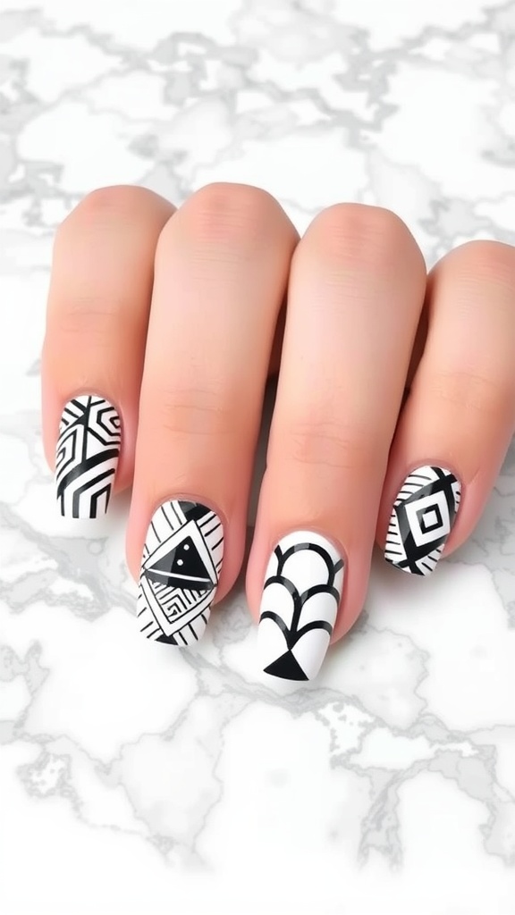 Almond nails with geometric black and white patterns
