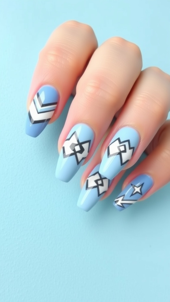 Close-up of baby blue acrylic nails with geometric patterns in black.