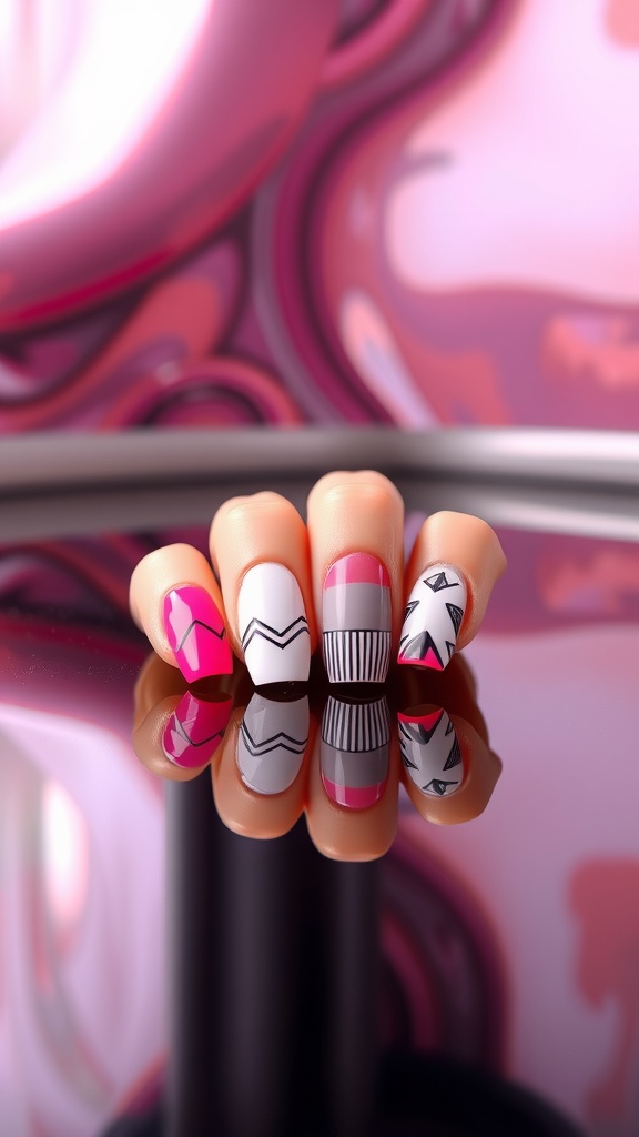 Nails with baby pink chrome polish featuring various geometric patterns.