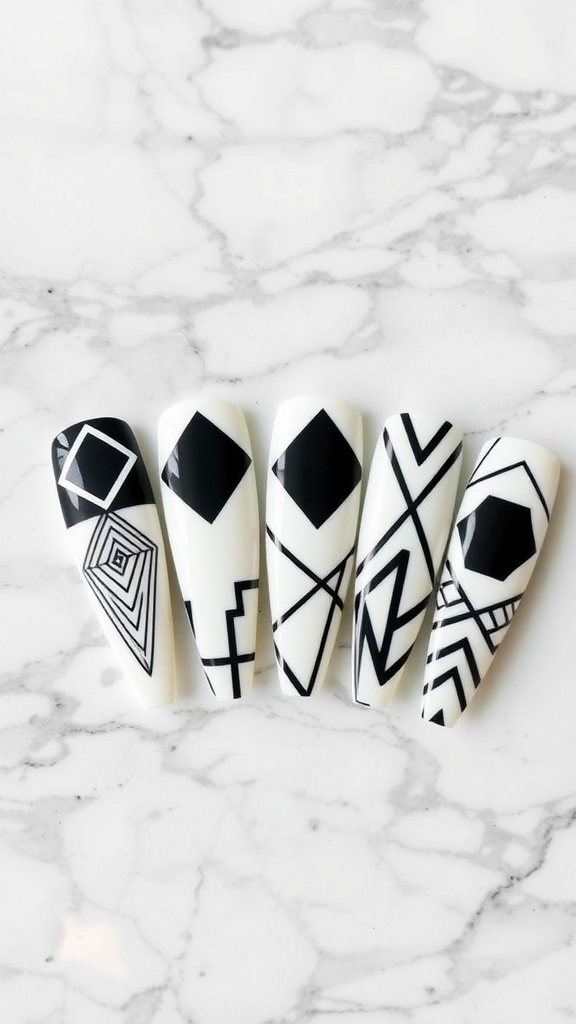 Coffin nails with geometric patterns in black and white.