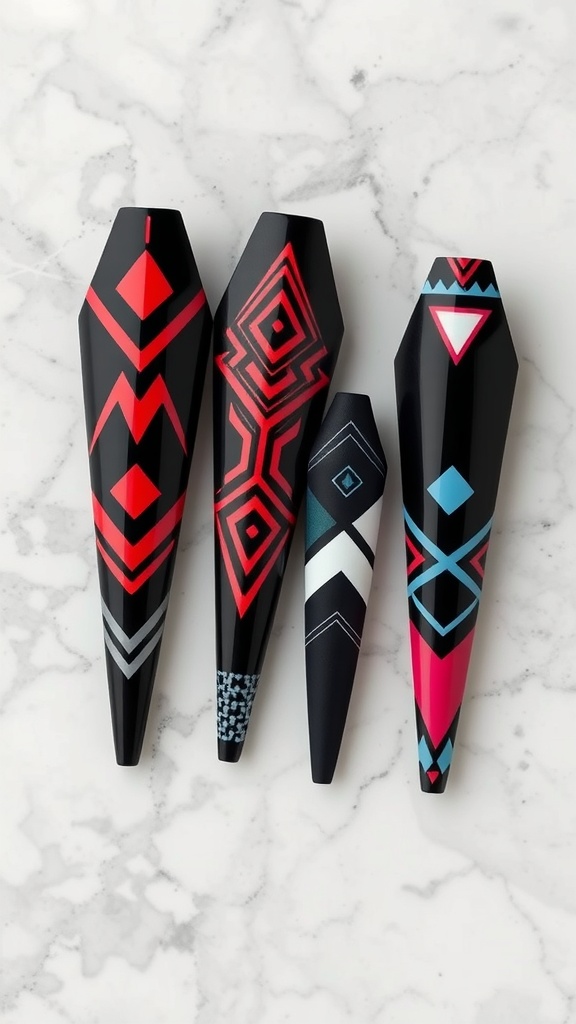 Coffin nails featuring bold geometric patterns in red, black, and blue colors.
