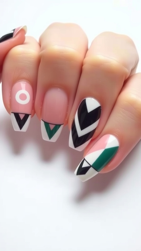 Nails featuring geometric patterns on French tips with bold colors and shapes.