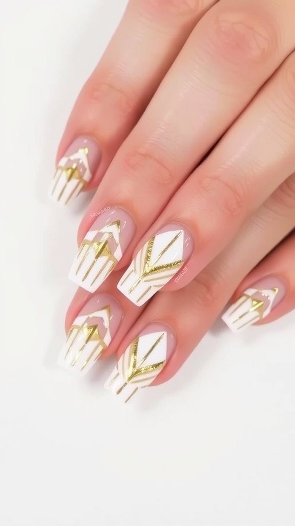 Nails with white French tips and geometric gold patterns