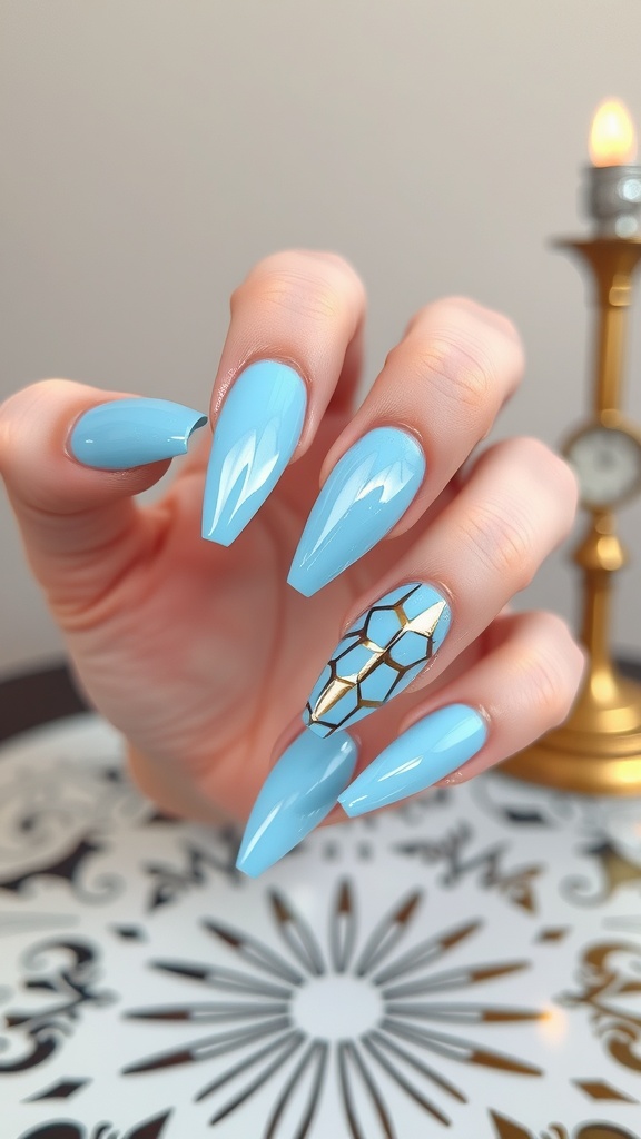 Close-up of light blue chrome nails with geometric patterns on one nail.