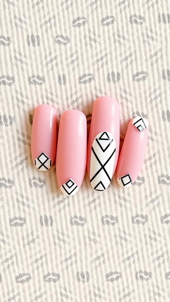 Light pink almond nails with black geometric patterns