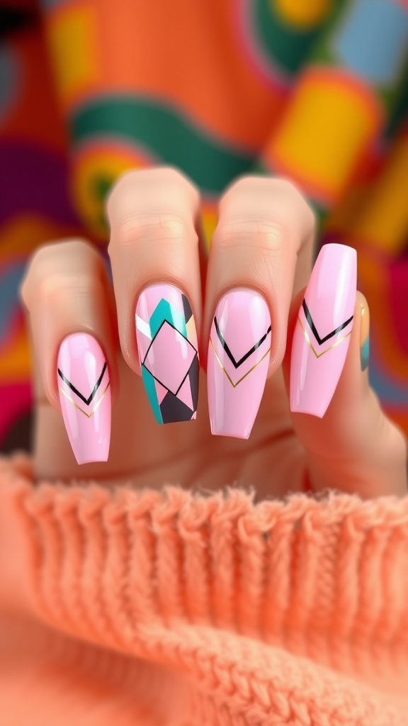 Nails painted in light pink chrome with geometric patterns.
