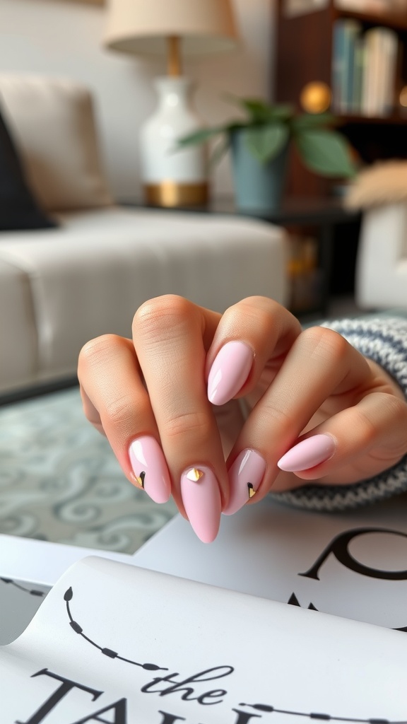 A close-up of short light pink chrome nails featuring geometric patterns, showcasing a stylish and modern manicure.