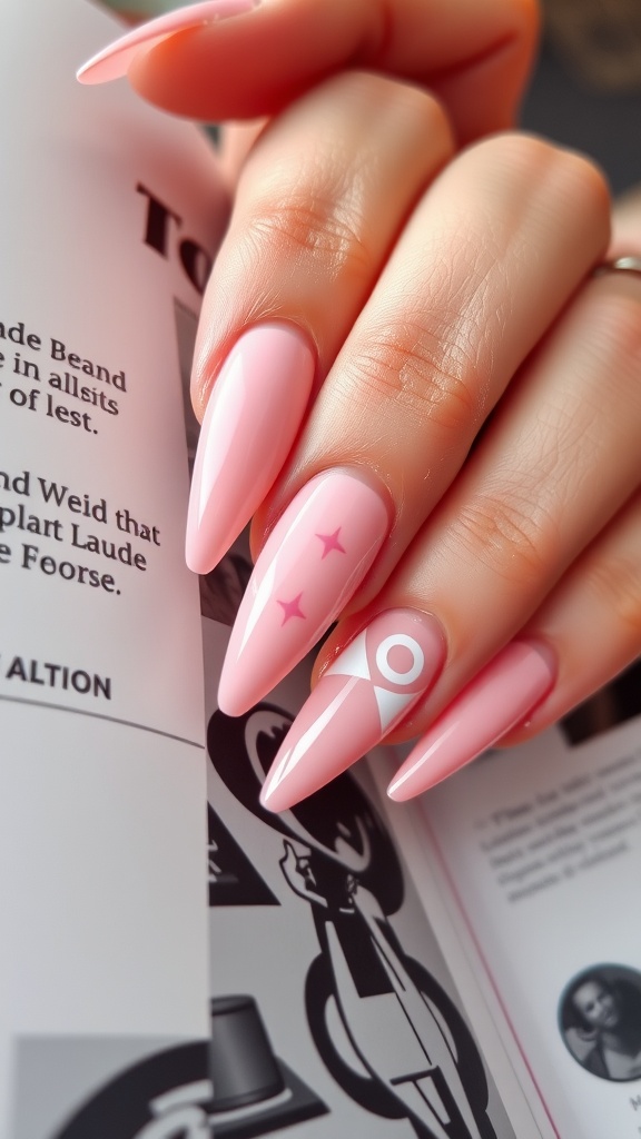 Close-up of light pink chrome almond nails featuring geometric patterns