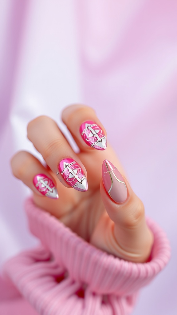 Close-up of nude pink chrome nails with geometric patterns in pink and silver.