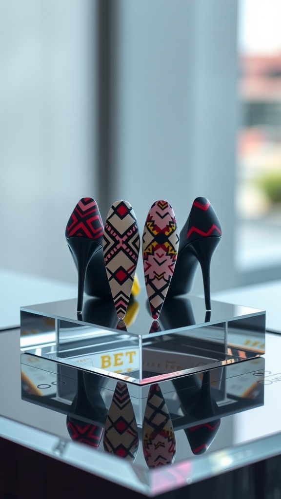 A collection of stiletto nails with colorful geometric patterns displayed together.