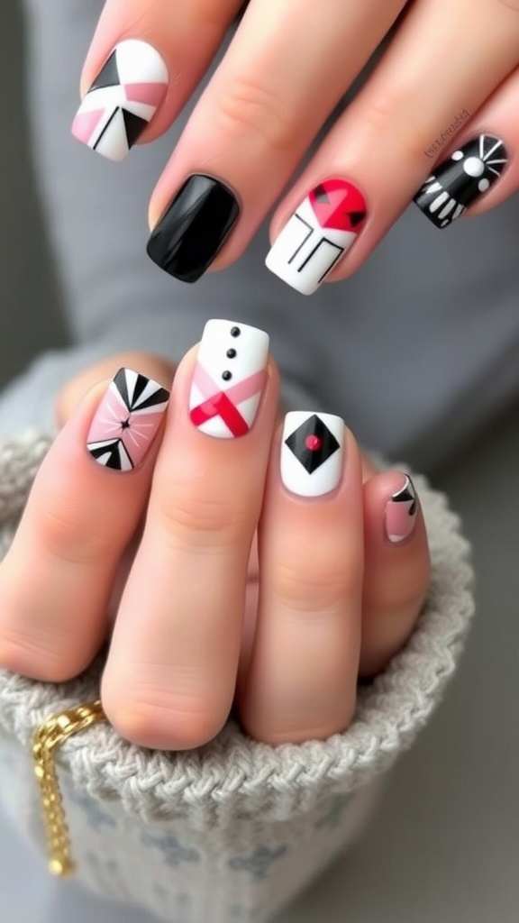 Short square French tip nails with geometric patterns in black, white, red, and pink.