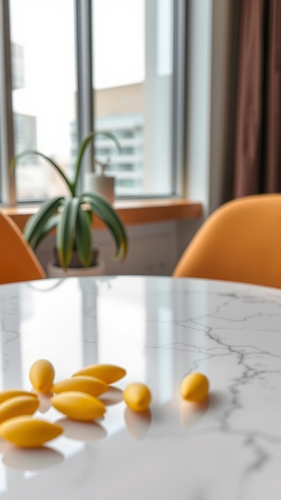 Yellow almond nails with geometric patterns on a marble table