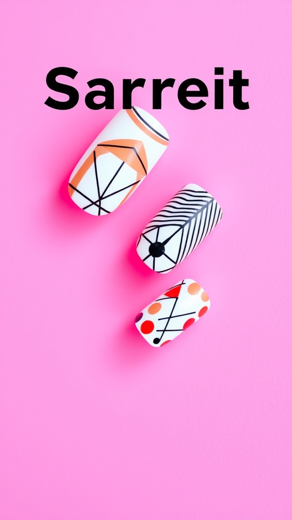 Three nails with geometric patterns on a pink background.