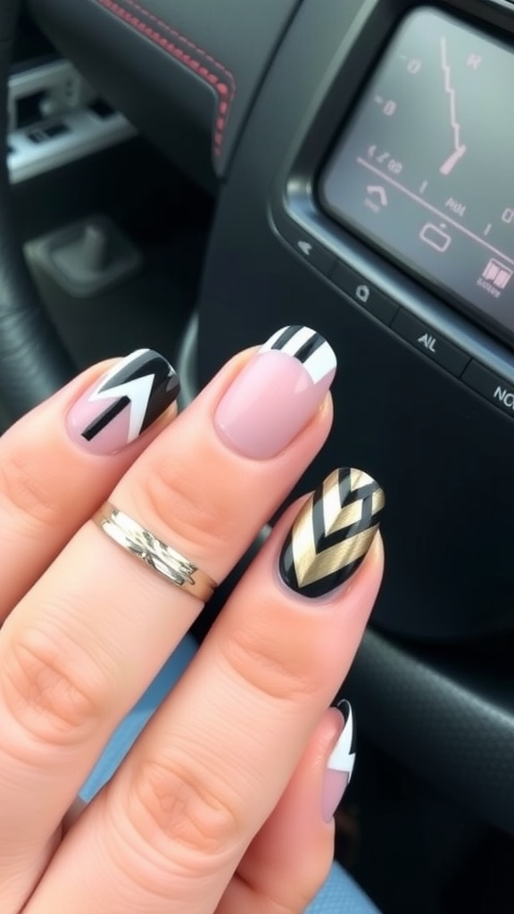 Nails with geometric patterns and metallic accents