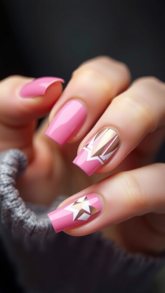 Nails with pink French tips and chrome geometric patterns.