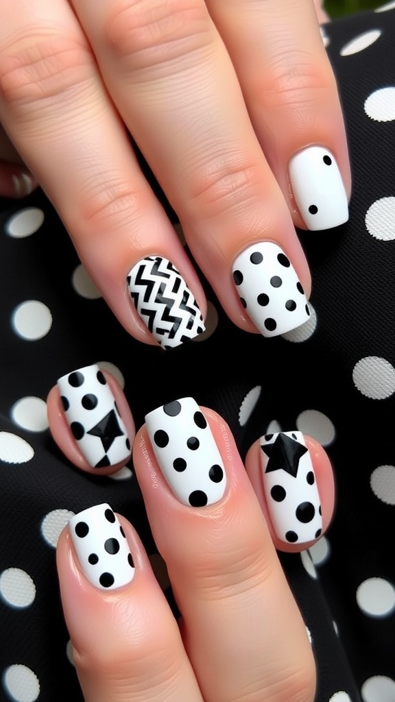 Black and white polka dot nail design featuring various patterns.